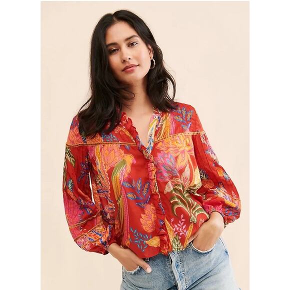 FARM Rio Mystic Bush Buttoned Blouse Red Boho Tropical Vacation Bright Large - Picture 1 of 12
